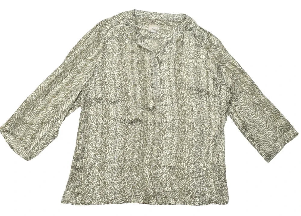 Chico's Size 2 Large Olive Green White Abstract Print Button V-Neck 3/4 Sleeve P